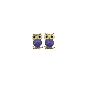 Purple Enamel Owl Stud Earrings Gold Tone Animal Jewelry Cute Small Studs